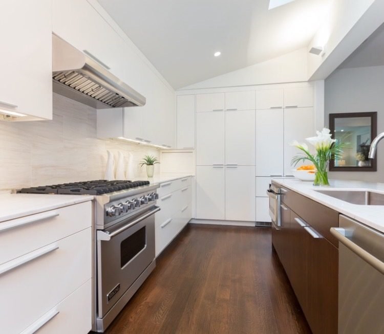Galley kitchen with vaulted ceiling