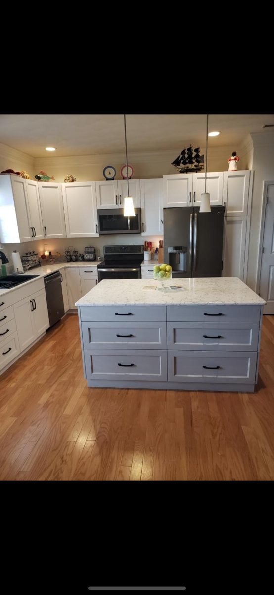 Kitchen with gray island