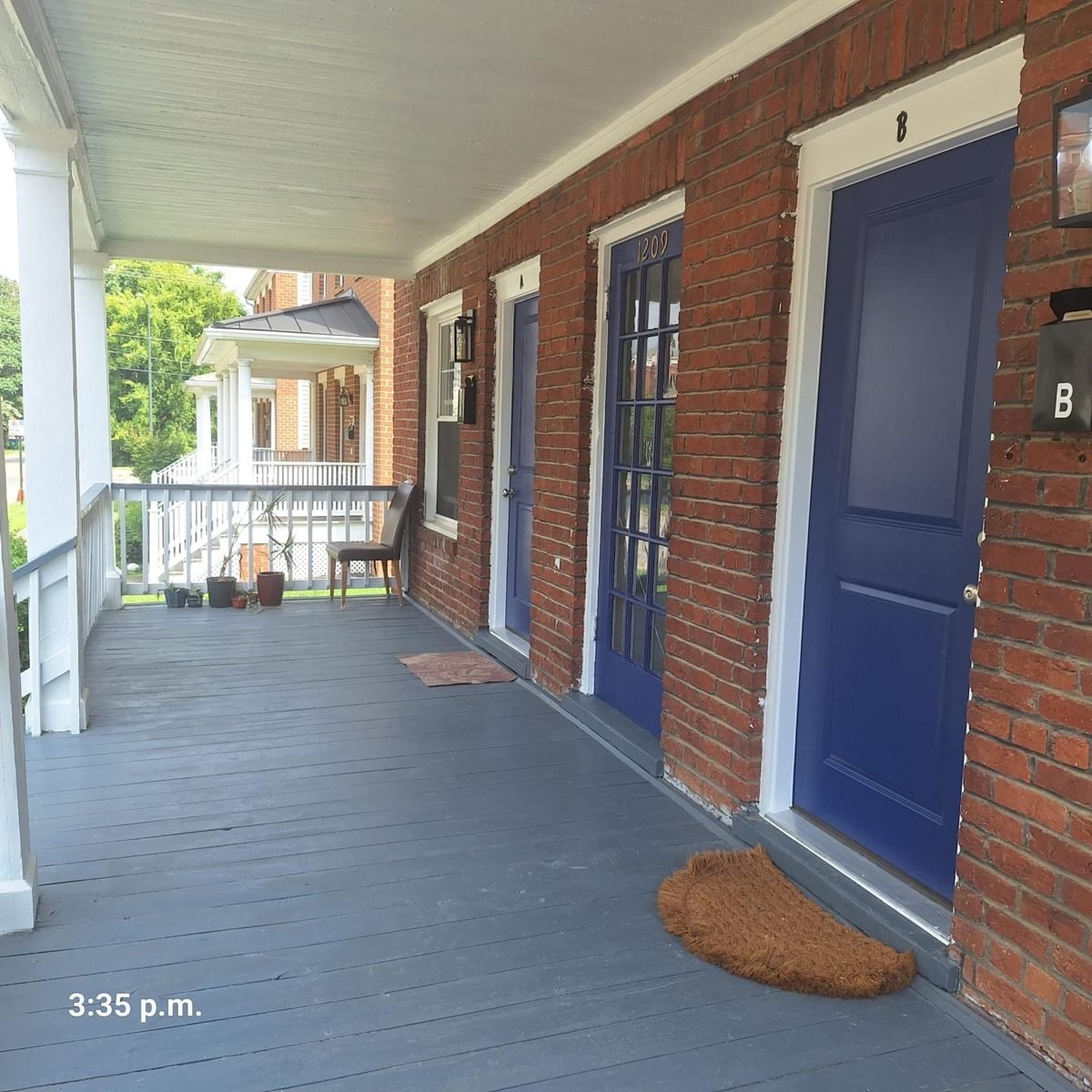 Porch with blue doors
