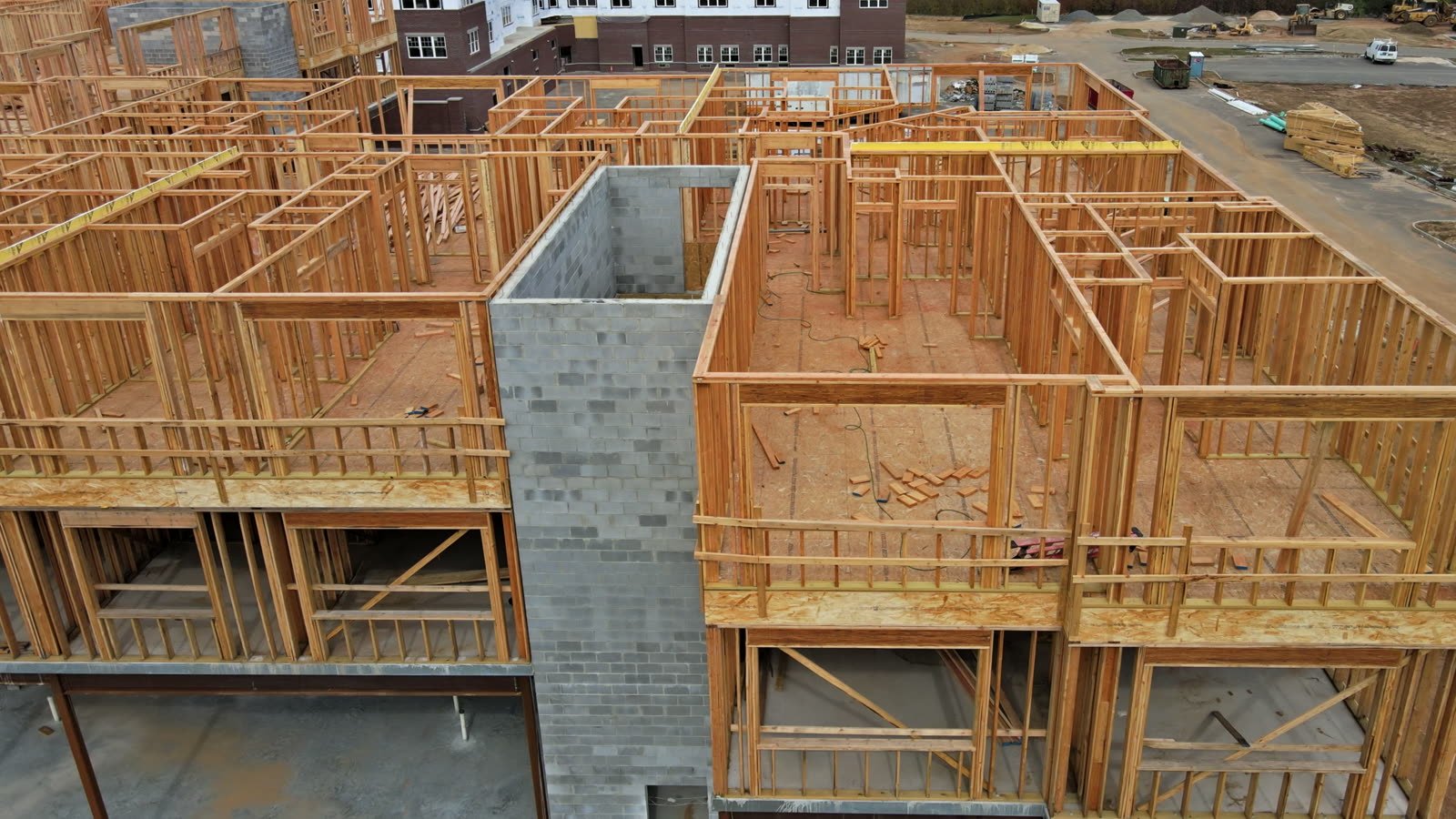 Aerial view of wood framing of a building under construction